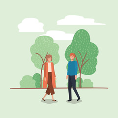 young couple walking on the park character