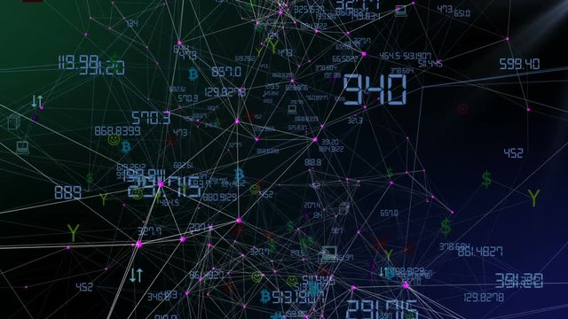 The cloud of economic transactions. Blockchain counts operations.Digital Data Points Network . Dark background, rotating flickering white light mesh cloud of connections.