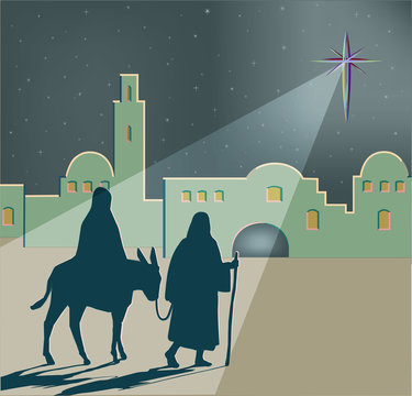 A vector illustration of Mary on a donkey led by Joseph on their travels to Bethlehem, with a large bright star shining in the night sky, vector illustration.