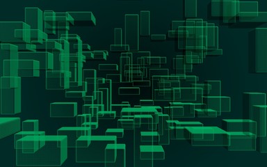 Green and dark abstract digital and technology background. The pattern with repeating rectangles. 3D illustration