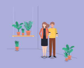 couple with houseplants in shelf