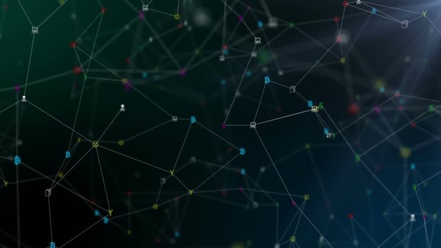 Operations inside the blockchain. Seamless loop.Digital Data Points Network . Dark background, rotating flickering white light mesh cloud of connections.
