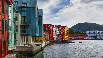 Historical buildings in Bryggen - Hanseatic wharf in Bergen, Norway. Scenic summer panorama with the Old Town pier architecture - obrazy, fototapety, plakaty