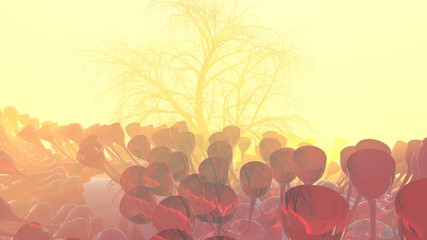 Mountain, fog, mist abstract meadow field full of strange vegetation in form of wine glasses and lit by bright sun god rays with lonely tree without leaves. Unusual 3d illustration. Travel and camping