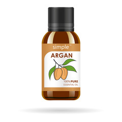 Realistic brown glass bottle with argan extract. Beauty and cosmetics oil - argan. Product label and logo template. Isolated vector illustration.