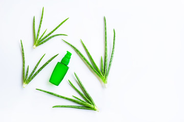 Bottle of products for spa or skin care cosmetic aloe vera gel and Aloe Vera isolated on white background