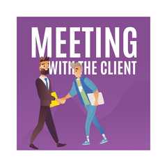 Vector business meeting with client with man in suit and male character in casual clothing shaking hands. Friendly communication and cooperation concept.