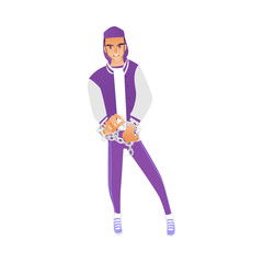 Vector illustration of young man trying to free his hands from chain that binds them in cartoon style isolated on white background. Boy bound by circumstances and struggling with them.