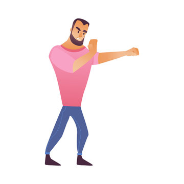 Fighting man vector illustration with young bearded guy clasping hands in fists and boxing in cartoon style isolated on white background - male character for struggle and disagreement concept.