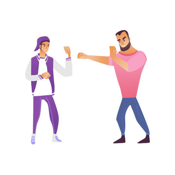 Fighting men vector illustration - young male characters clasping their hands in fists and boxing in cartoon style isolated on white background for struggle and disagreement concept.