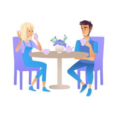 Vector illustration of talking people - young man and woman on date or meeting sitting at table drinking beverages and conversing isolated on white background in cartoon style.