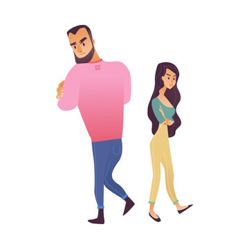 Vector illustration of offended young couple isolated on white background - male and female characters standing with each others back with dislike on faces in cartoon gradient style.