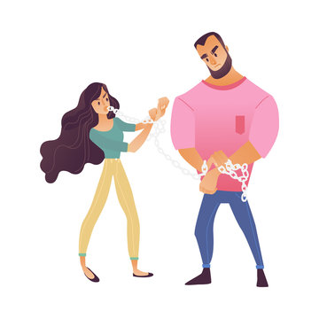 Vector illustration of young couple standing with chained hands trying to break them isolated on white background - man and woman bound by circumstances and struggling with them in cartoon style.