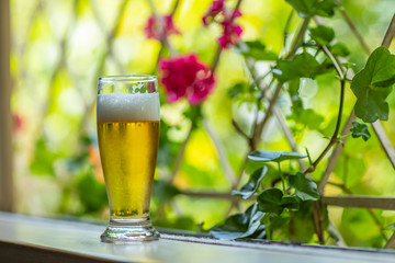 Glass of cold beer on the window and nature background. Beer in the window. 