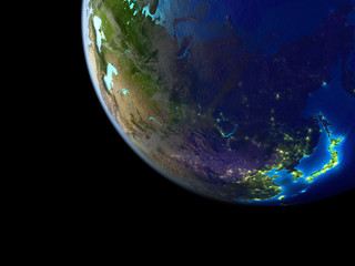 Fototapeta na wymiar Asia from space on a beautifully crafted 3D model of Earth with bright city lights.