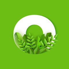 Vector illustration of number zero with plant leaves isolated on green background. Numeral 0 with fresh tropical foliage - seasonal element for modern floral design.