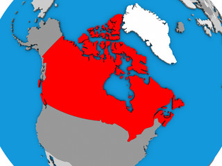 Canada on blue political 3D globe.