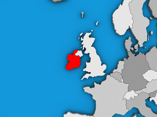 Ireland on blue political 3D globe.
