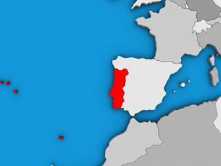 Portugal on blue political 3D globe.