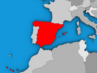 Spain on blue political 3D globe.