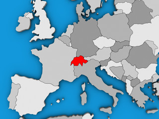 Switzerland on blue political 3D globe.