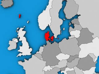 Denmark on blue political 3D globe.