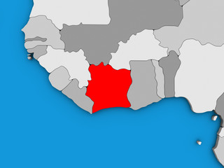 Ivory Coast on blue political 3D globe.