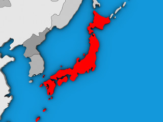 Japan on blue political 3D globe.