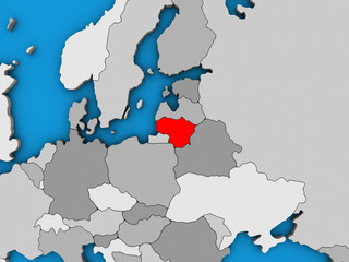 Fototapeta premium Lithuania on blue political 3D globe.