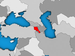 Armenia on blue political 3D globe.