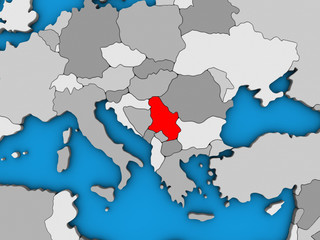 Serbia on blue political 3D globe.