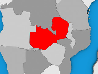 Zambia on blue political 3D globe.