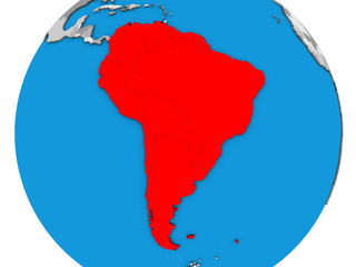 Fototapeta premium South America on blue political 3D globe.