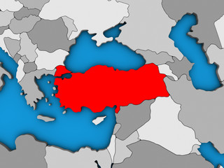 Turkey on blue political 3D globe.