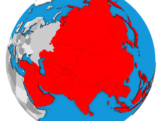 Asia on blue political 3D globe.