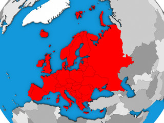 Europe on blue political 3D globe.