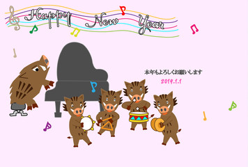 ２０１９年の亥年の年賀状素材。テンプレート素材。