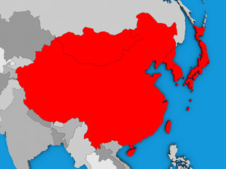 East Asia on blue political 3D globe.