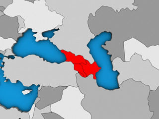 Caucasus region on blue political 3D globe.