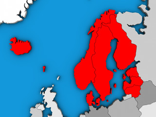 Northern Europe on blue political 3D globe.