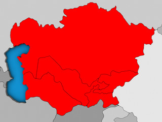 Central Asia on blue political 3D globe.