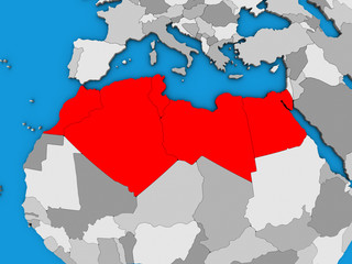 North Africa on blue political 3D globe.