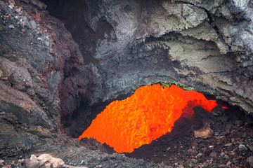 Red lava close up of the volcano Tolbachik. Russia. Kamchatka