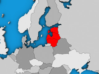Baltic States on blue political 3D globe.