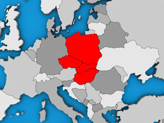 Visegrad Group on blue political 3D globe.