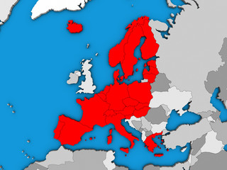 Schengen Area members on blue political 3D globe.