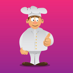 Fat male cartoon chef in uniform making thumbs up sign. Vector illustration.
