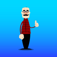 Funny cartoon man dressed for winter making thumbs up sign. Vector illustration.