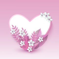 Vector illustration of heart shape with white cherry or apple flowers on pink leaves and copy space isolated on tender background - romantic decoration for floral love theme design.