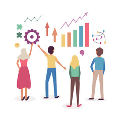 Data analysis vector illustration with team of young people standing with their back before charts and graphics and discussing them in flat style isolated on white background.